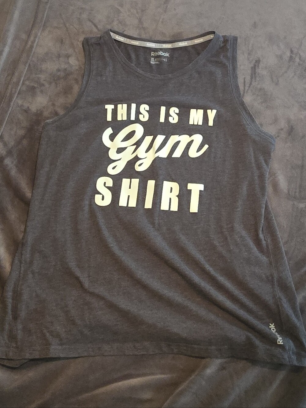 Grey Gray Women's Muscle Tank Top This Is My Gym Shirt Workout Wear Reebok